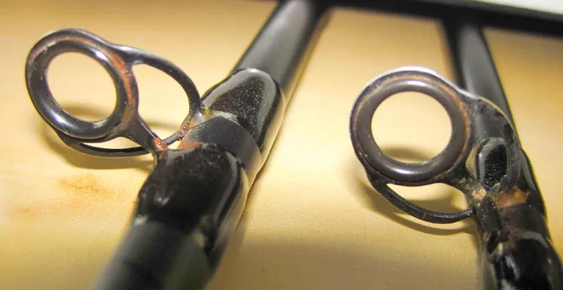 Rusty eyes! - These are the shooting eyes on two of my G.Loomis rods, both severely attacked by rust. I am not known to be careful with my gear, and regular rinsing could probably avoid this, but I have still to see a rod that isn't marred by the salt after I have fished it for a season.